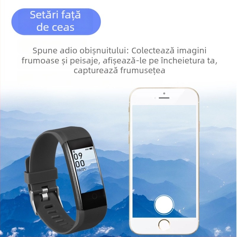 Brățară inteligentă cu monitorizare ritm cardiac, tensiune arterială, pedometru, încărcare USB și rezistență la apă.