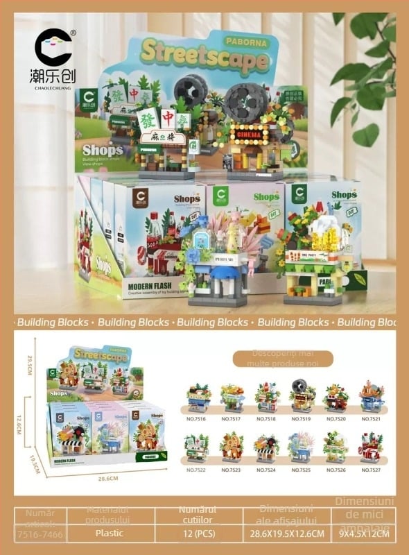 Set blocuri de construcție pentru 7–14 ani; compatibil LEGO; scenă stradală cu micro-blocuri; plastic ABS; 200–400 piese; 0,2 kg