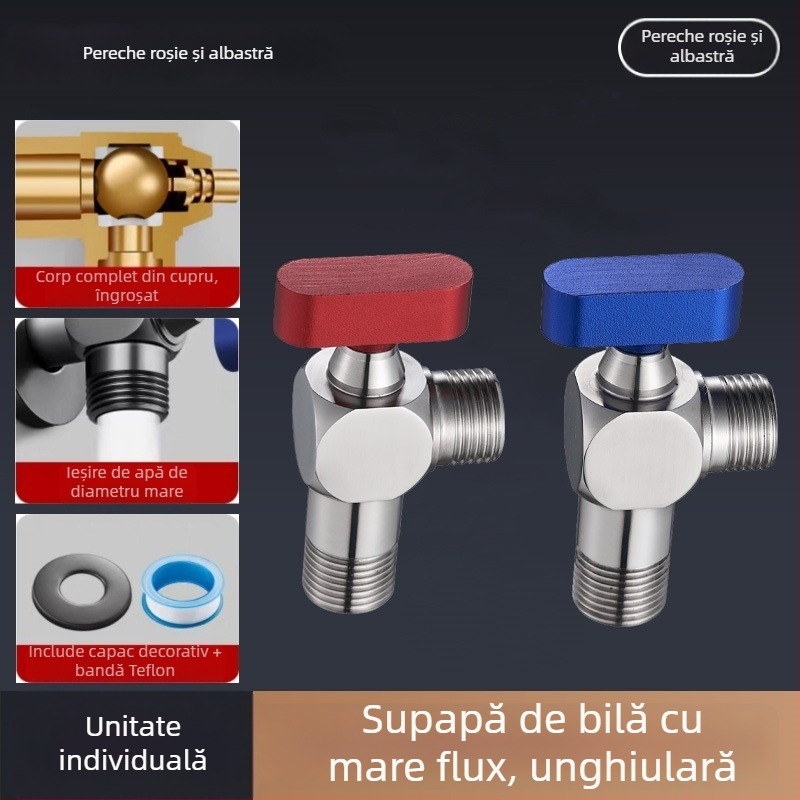 Valvă unghiulară din oțel inoxidabil 304, filetare, pentru apă caldă și rece, valve cu bilă, debit mare, model Q