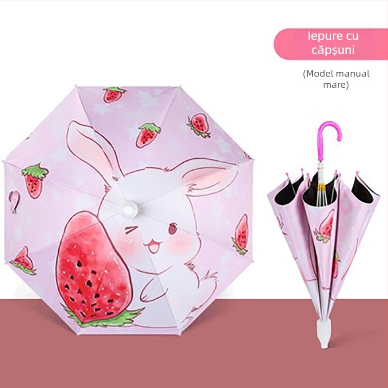Umbrelă pentru copii cu design de iepuraș desene animate, cadru cu 8 brațe, țeavă din oțel, mâner din plastic, țesătură 190T