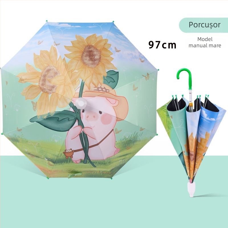 Umbrelă pentru copii cu design de iepuraș desene animate, cadru cu 8 brațe, țeavă din oțel, mâner din plastic, țesătură 190T