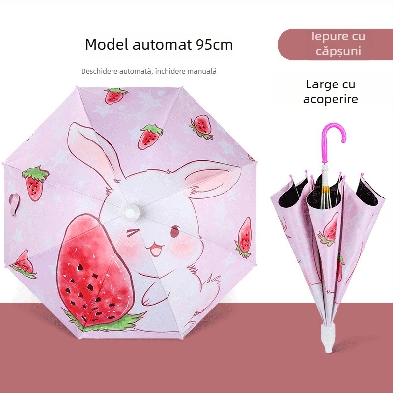 Umbrelă pentru copii cu design de iepuraș desene animate, cadru cu 8 brațe, țeavă din oțel, mâner din plastic, țesătură 190T