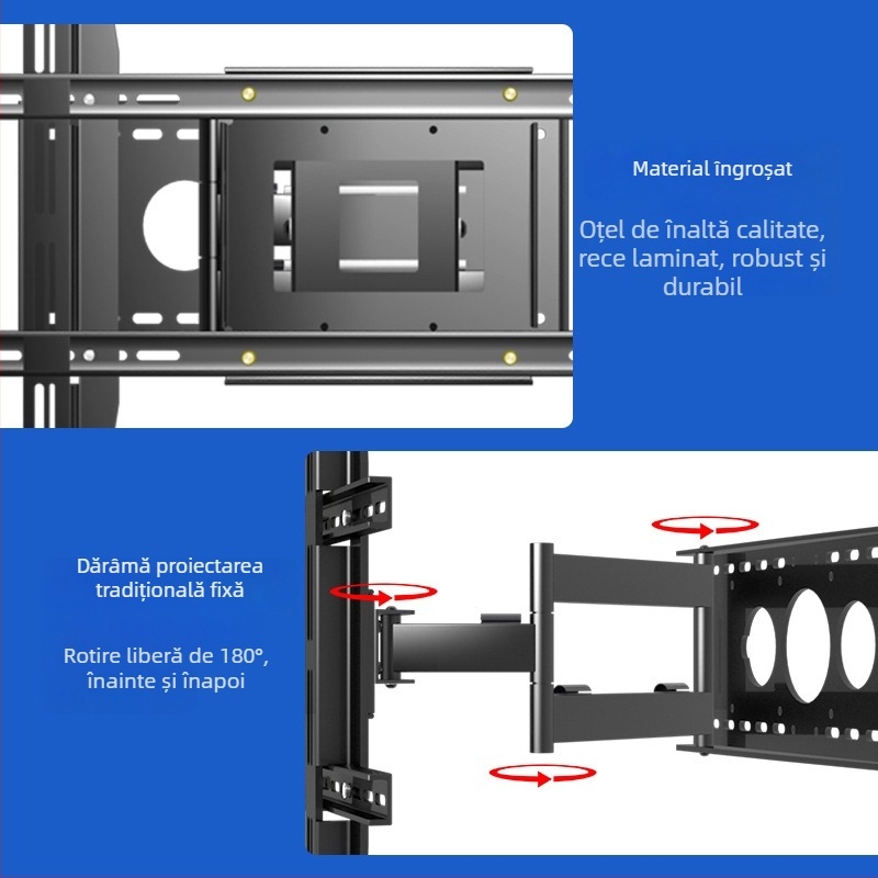 Suport de perete pentru TV cu rotire la 180° și braț telescopic, din oțel laminat la rece, compatibil cu televizoare cu ecran plat, greutate 12 kg