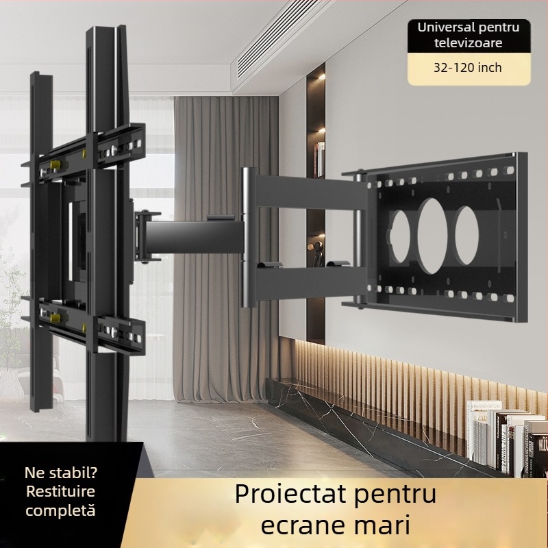 Suport de perete pentru TV cu rotire la 180° și braț telescopic, din oțel laminat la rece, compatibil cu televizoare cu ecran plat, greutate 12 kg