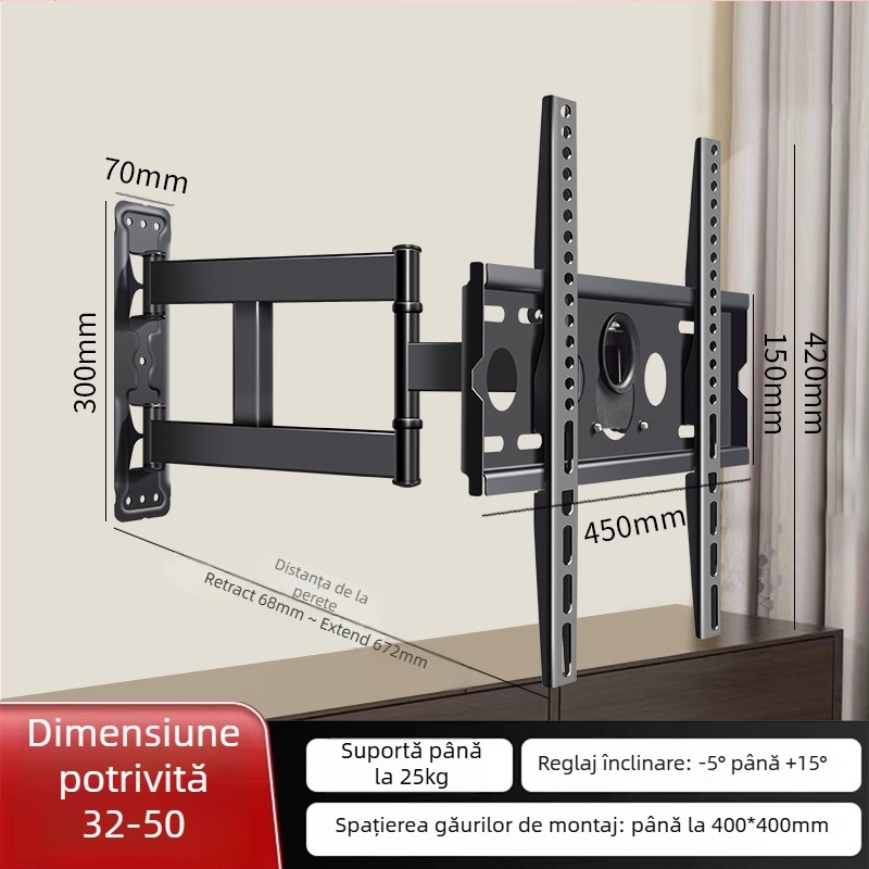 Suport de perete pentru TV cu rotire la 180° și braț telescopic, din oțel laminat la rece, compatibil cu televizoare cu ecran plat, greutate 12 kg