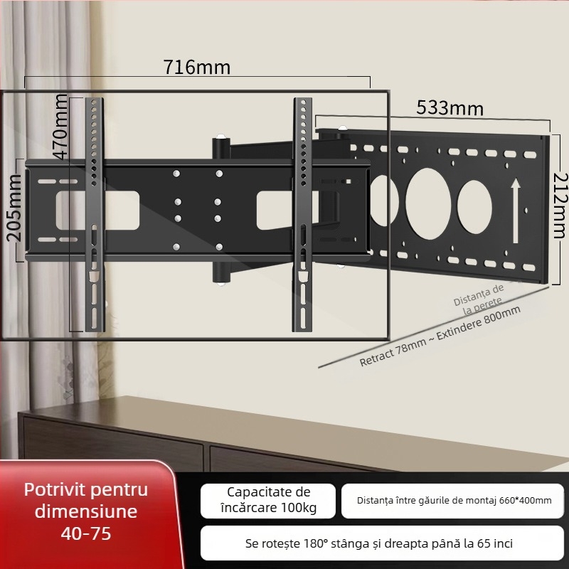 Suport de perete pentru TV cu rotire la 180° și braț telescopic, din oțel laminat la rece, compatibil cu televizoare cu ecran plat, greutate 12 kg