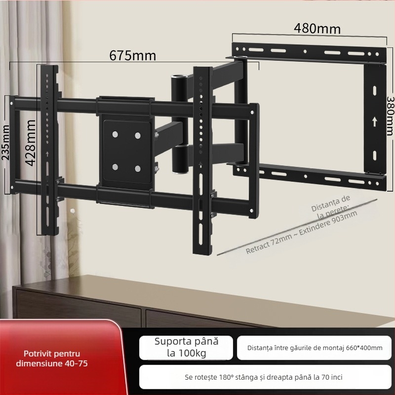 Suport de perete pentru TV cu rotire la 180° și braț telescopic, din oțel laminat la rece, compatibil cu televizoare cu ecran plat, greutate 12 kg