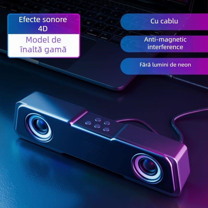 Difuzor Bluetooth pentru desktop cu LED-uri, alimentare USB, sunet stereo 2.0
