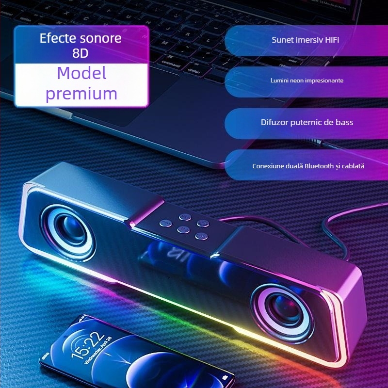 Difuzor Bluetooth pentru desktop cu LED-uri, alimentare USB, sunet stereo 2.0