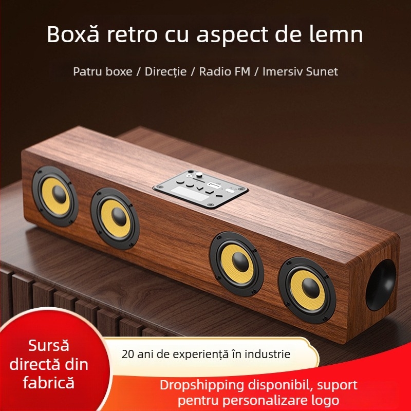 Boxă de birou Bluetooth cu patru difuzoare, carcasă din lemn, Bluetooth 5.0, baterie încorporată 2000-4000 mAh, răspuns în frecvență 80 Hz-18 kHz
