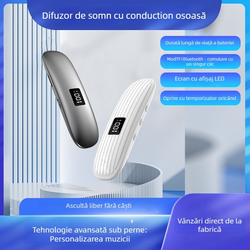 Căști cu conductivitate osoasă pentru somn, Bluetooth 5.3, răspuns în frecvențe 100 Hz–20 kHz, baterie încorporată 300–500 mAh, range wireless de până la 10 m