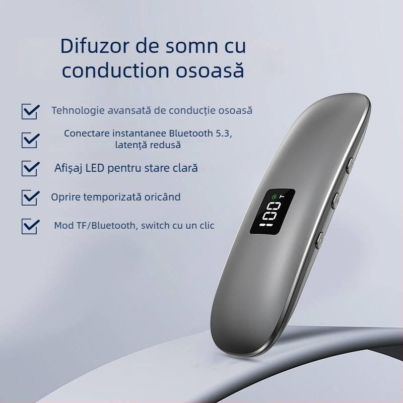 Căști cu conductivitate osoasă pentru somn, Bluetooth 5.3, răspuns în frecvențe 100 Hz–20 kHz, baterie încorporată 300–500 mAh, range wireless de până la 10 m