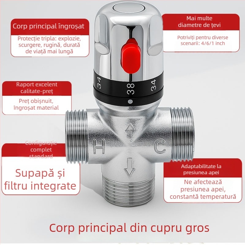 Valvă termostatică din cupru, inteligentă, cu porturi DN15, DN20, DN25 și DN32; presiune de lucru 0,03–1 MPa; interval de temperatură frig 5–29°C, cald 50–80°C.