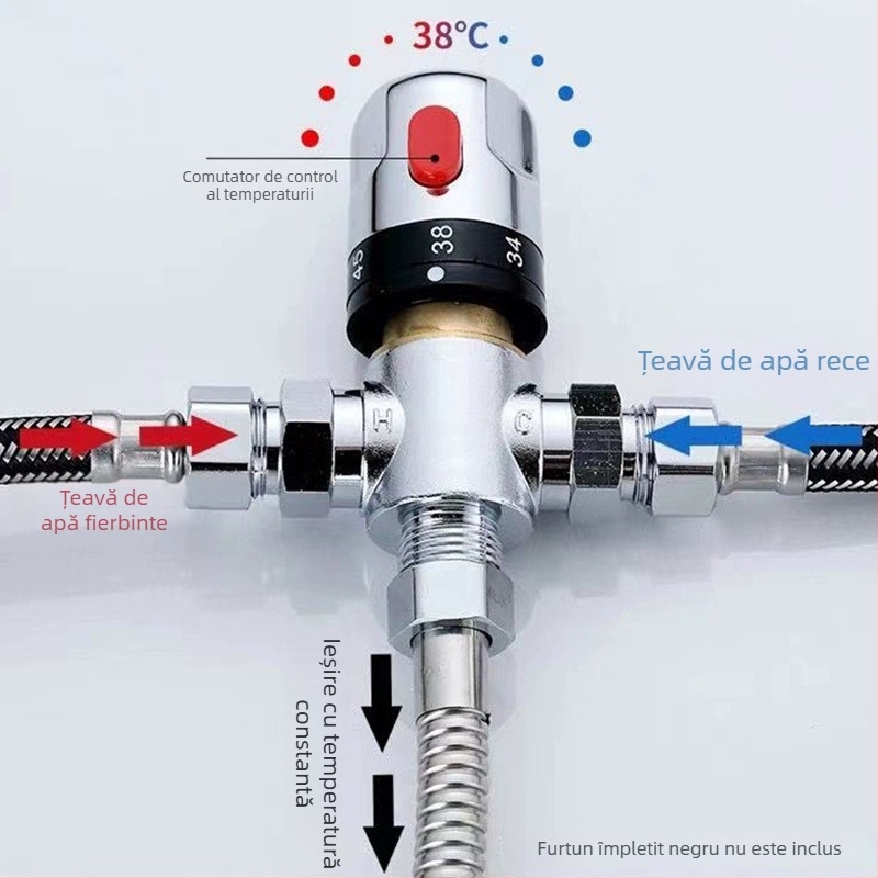 Valvă termostatică din cupru, inteligentă, cu porturi DN15, DN20, DN25 și DN32; presiune de lucru 0,03–1 MPa; interval de temperatură frig 5–29°C, cald 50–80°C.