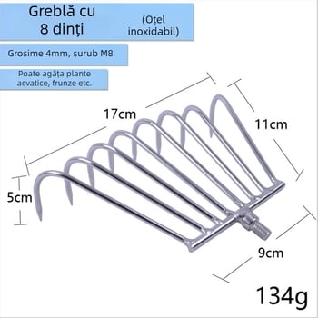 Racla de pescuit din oțel inoxidabil, telescopică, pentru îndepărtarea plantelor acvatice, cu cap de 8 sau 12 dinți; include cap de greblă și mâner pentru plasă.