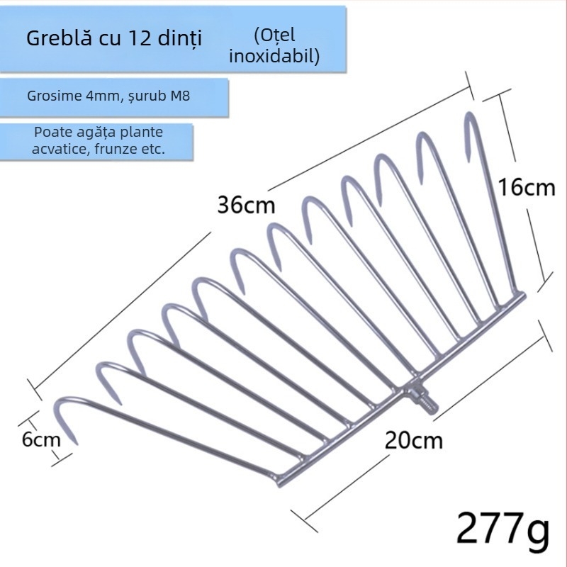 Racla de pescuit din oțel inoxidabil, telescopică, pentru îndepărtarea plantelor acvatice, cu cap de 8 sau 12 dinți; include cap de greblă și mâner pentru plasă.