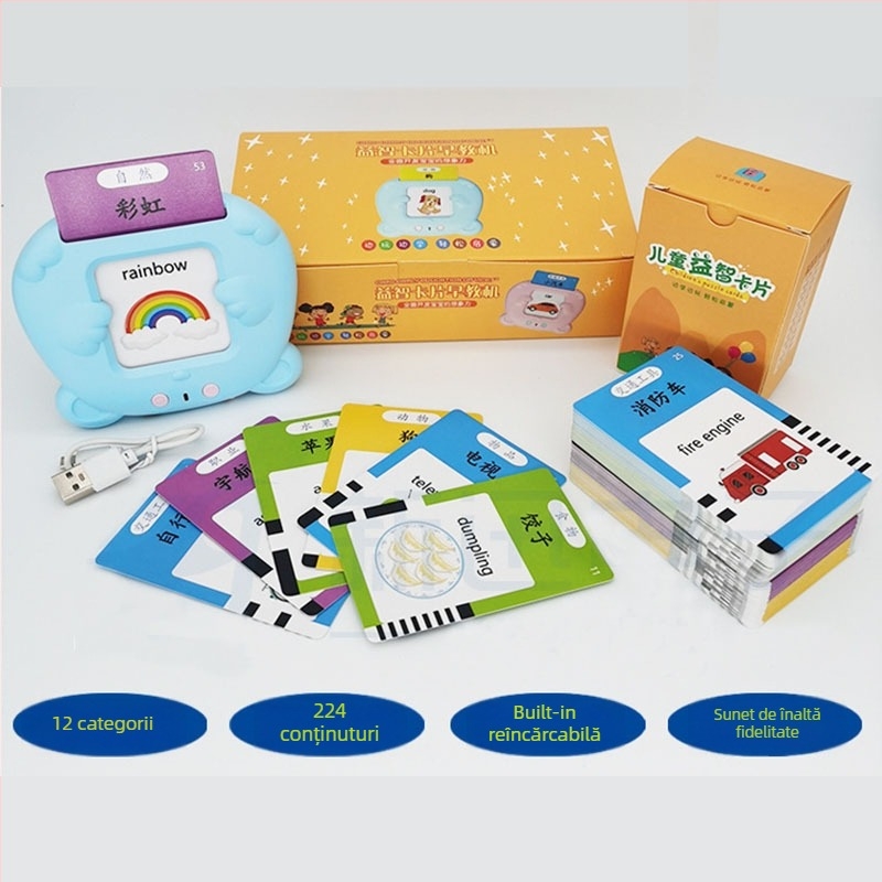 Jucărie educațională de învățare pentru copii, cititor de carduri bilingv cu cântece și poezii, baterie Li-ion reîncărcabilă, memorie până la 1GB