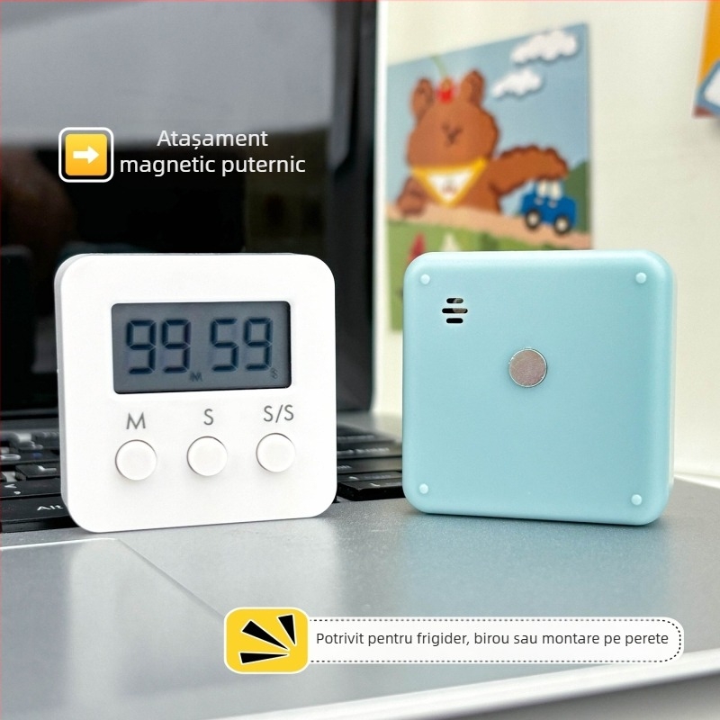 Cronometru electronic cu alarmă - dreptunghiular, alimentat cu baterii, ecran LED, carcasă din plastic, pentru studiu, birou și bucătărie