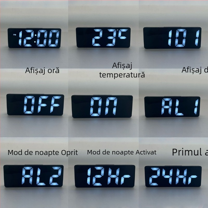 Ceas deșteptător pentru sufragerie cu afișaj LED, termometru, calendar, lumină de noapte și funcționare silențioasă