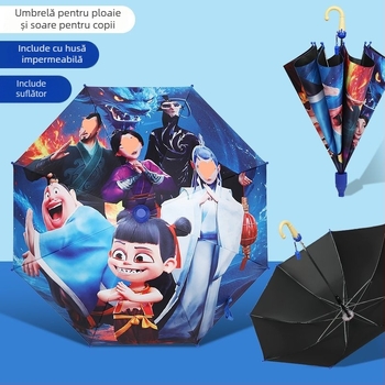 Umbrelă pentru copii Nezha, cu desen animat — husă din vinil, 8 spițe, mâner din aluminiu, deschidere manuală, închidere semi-automat