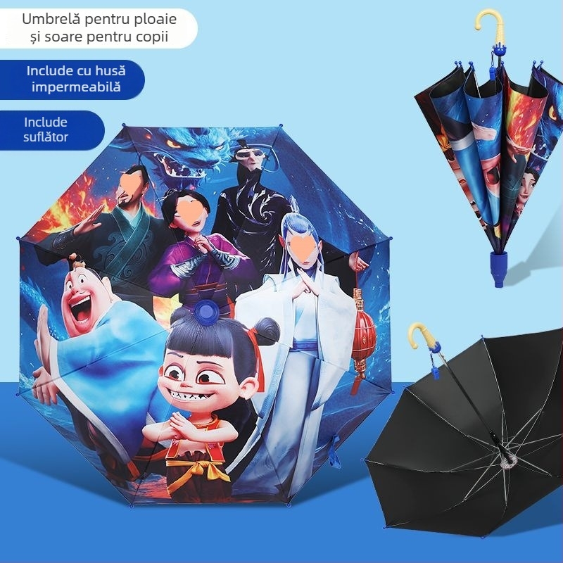 Umbrelă pentru copii Nezha, cu desen animat — husă din vinil, 8 spițe, mâner din aluminiu, deschidere manuală, închidere semi-automat