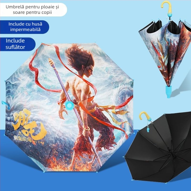 Umbrelă pentru copii Nezha, cu desen animat — husă din vinil, 8 spițe, mâner din aluminiu, deschidere manuală, închidere semi-automat
