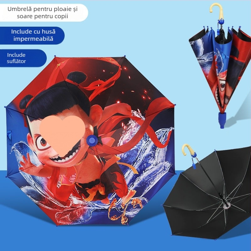 Umbrelă pentru copii Nezha, cu desen animat — husă din vinil, 8 spițe, mâner din aluminiu, deschidere manuală, închidere semi-automat