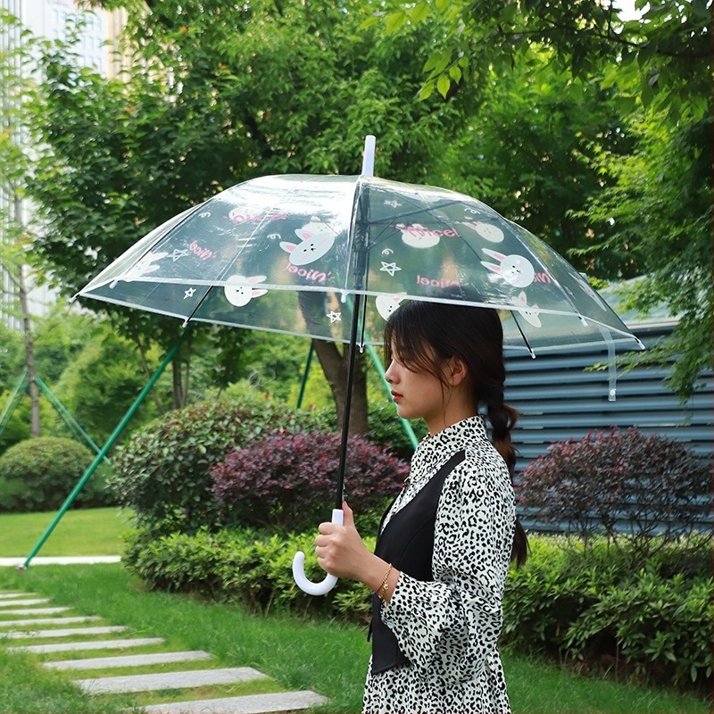 Ombrelă transparentă cu imprimeu animat cartoon, mâner lung, acoperire PVC, ramă din fier cu 8 brațe, ax din aliaj, deschidere semi-automată