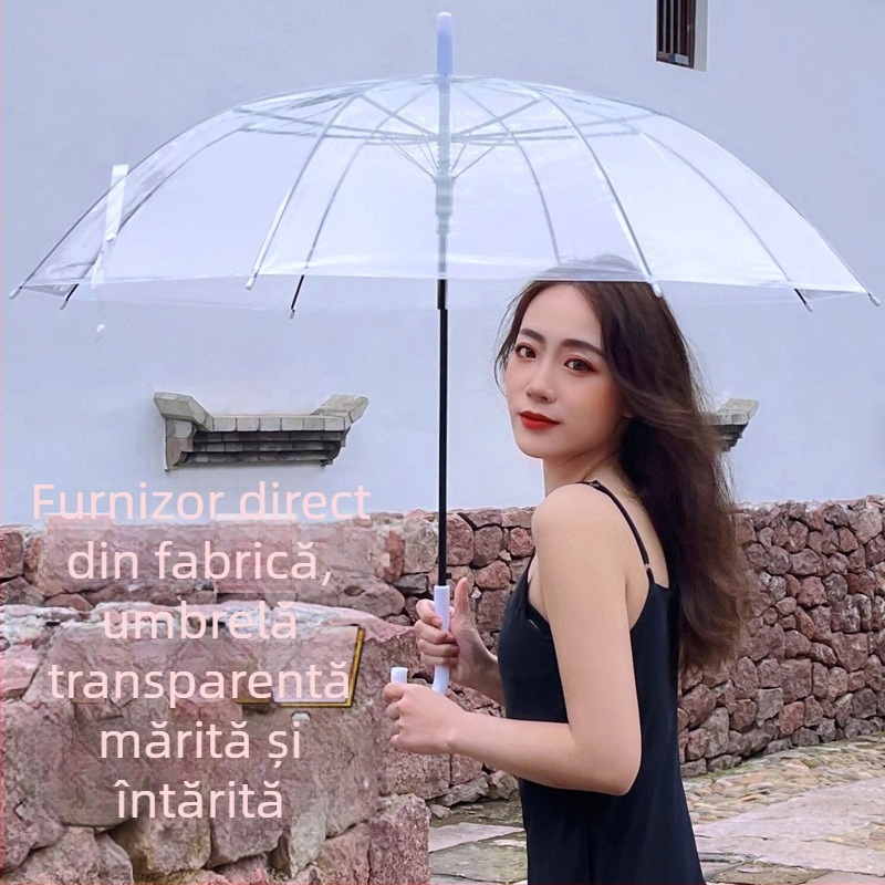 Ombrelă transparentă cu imprimeu animat cartoon, mâner lung, acoperire PVC, ramă din fier cu 8 brațe, ax din aliaj, deschidere semi-automată