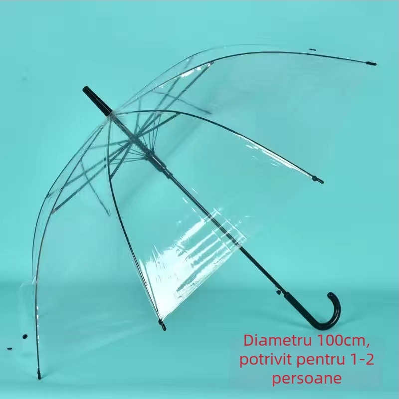 Ombrelă transparentă cu imprimeu animat cartoon, mâner lung, acoperire PVC, ramă din fier cu 8 brațe, ax din aliaj, deschidere semi-automată