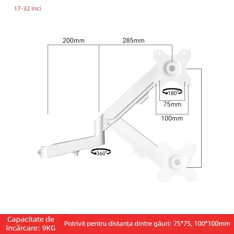 Suport pentru două monitoare cu braț extensibil plutitor (Material: oțel laminat la rece + aliaj de aluminiu; Compatibilitate: metal + plastic; Brand: Hillport; Model: suport pentru două monitoare)