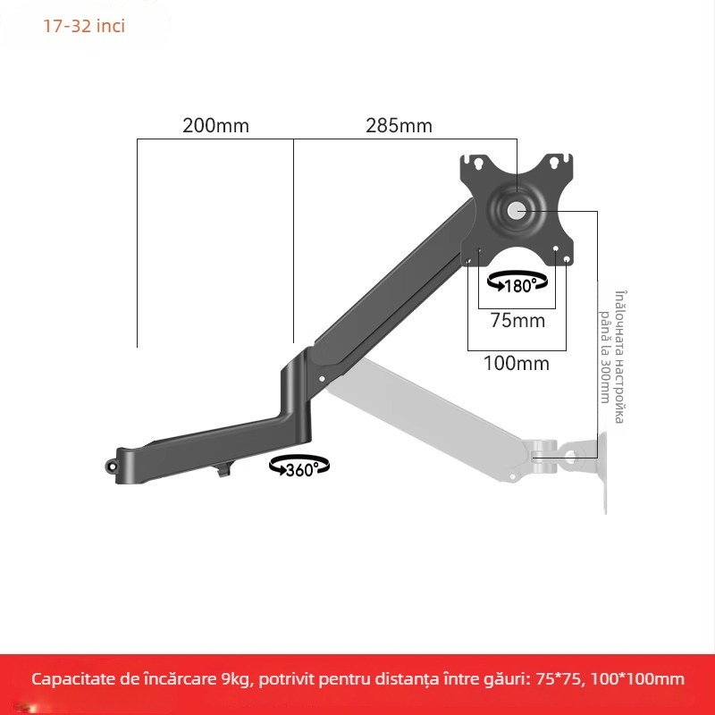 Suport pentru două monitoare cu braț extensibil plutitor (Material: oțel laminat la rece + aliaj de aluminiu; Compatibilitate: metal + plastic; Brand: Hillport; Model: suport pentru două monitoare)
