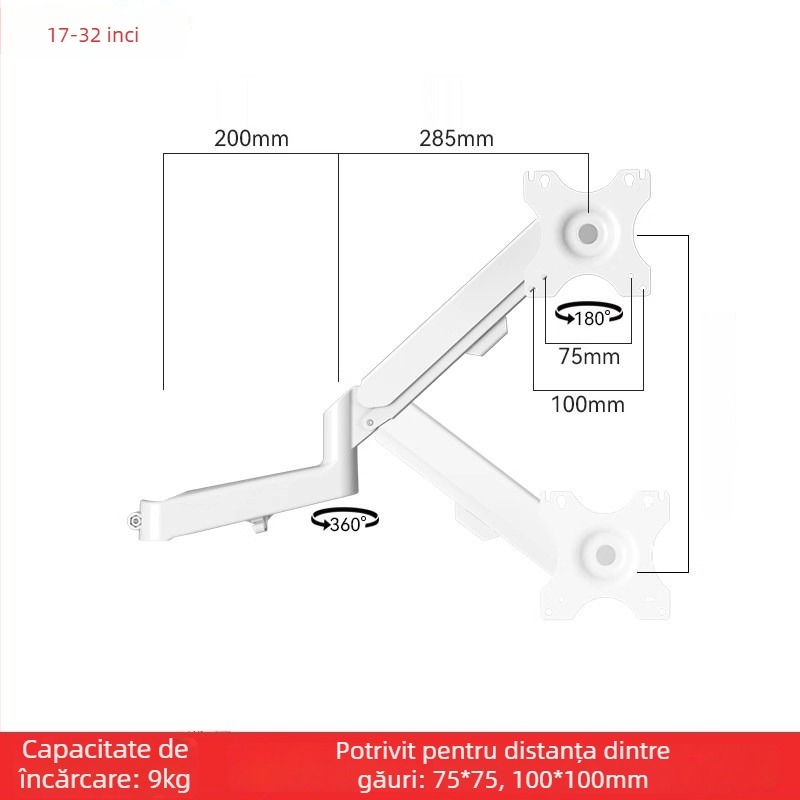 Suport pentru două monitoare cu braț extensibil plutitor (Material: oțel laminat la rece + aliaj de aluminiu; Compatibilitate: metal + plastic; Brand: Hillport; Model: suport pentru două monitoare)