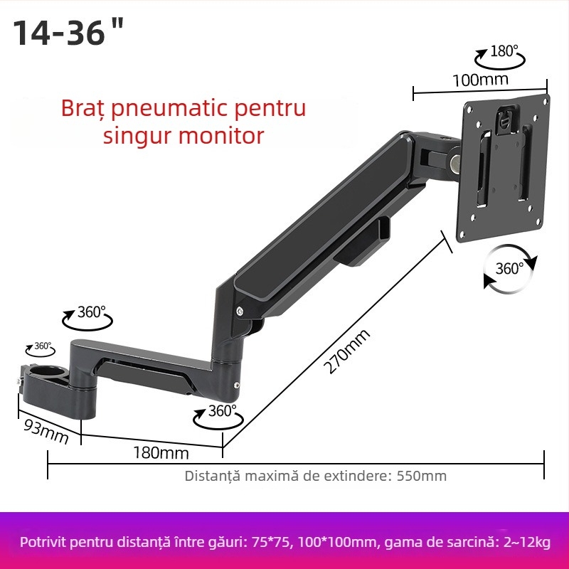 Suport pentru două monitoare cu braț extensibil plutitor (Material: oțel laminat la rece + aliaj de aluminiu; Compatibilitate: metal + plastic; Brand: Hillport; Model: suport pentru două monitoare)