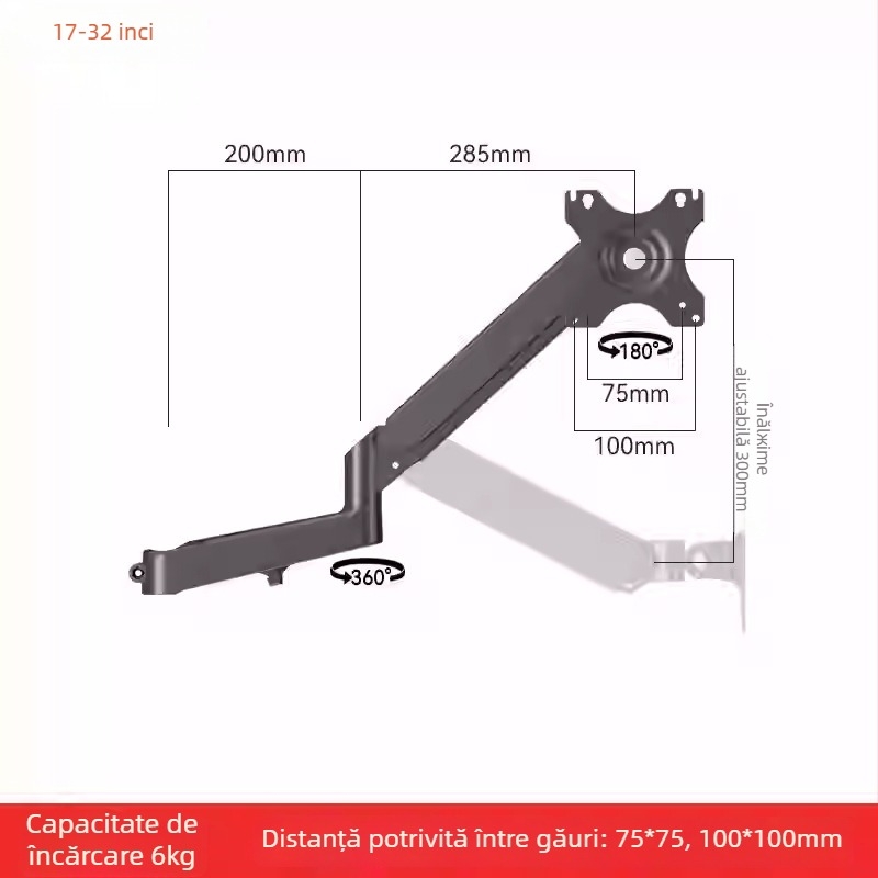 Suport pentru două monitoare cu braț extensibil plutitor (Material: oțel laminat la rece + aliaj de aluminiu; Compatibilitate: metal + plastic; Brand: Hillport; Model: suport pentru două monitoare)