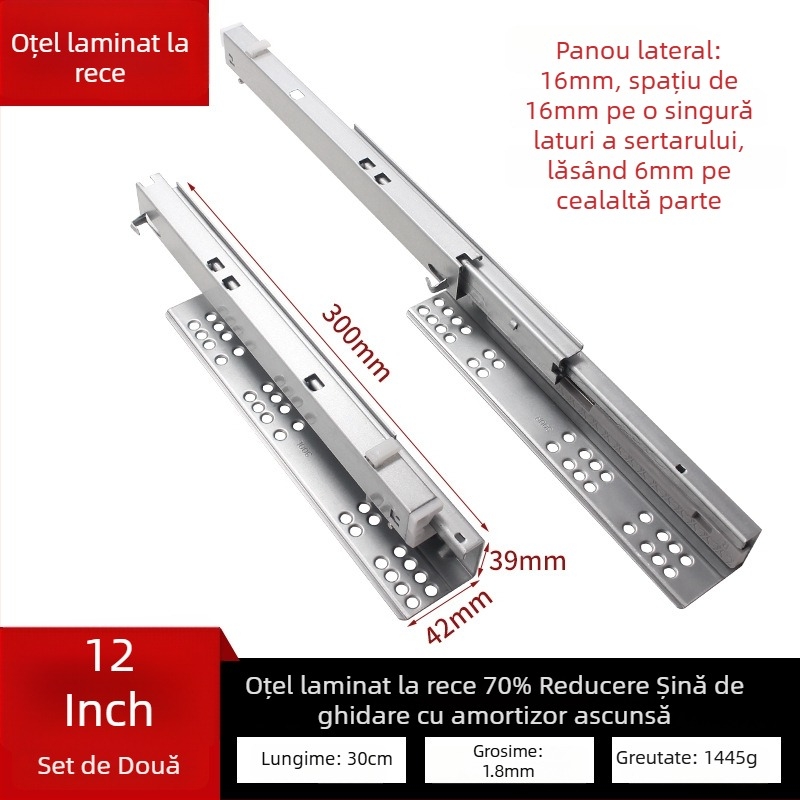 Ghidaj pentru sertar cu amortizor, model ascuns cu două secțiuni, construcție din oțel, stil modern minimalist