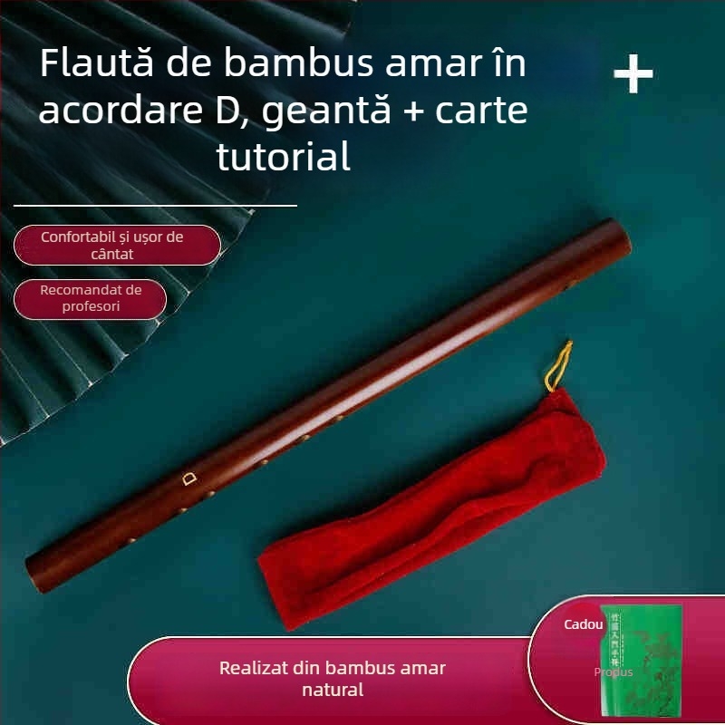 Flaută piccolo, corp din bambus, modelul 200, pentru începători, include husă din flanelă.