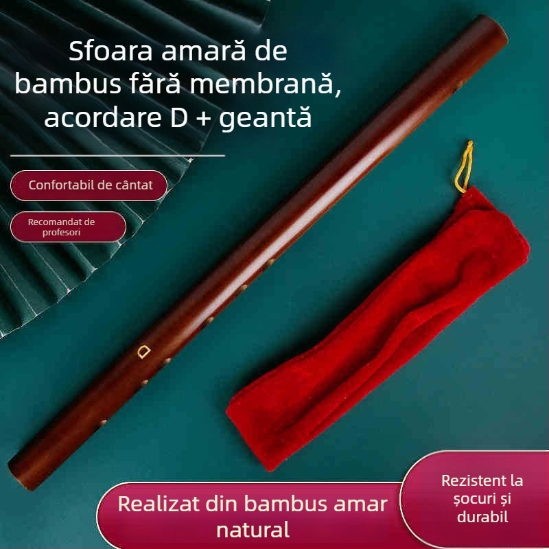 Flaută piccolo, corp din bambus, modelul 200, pentru începători, include husă din flanelă.