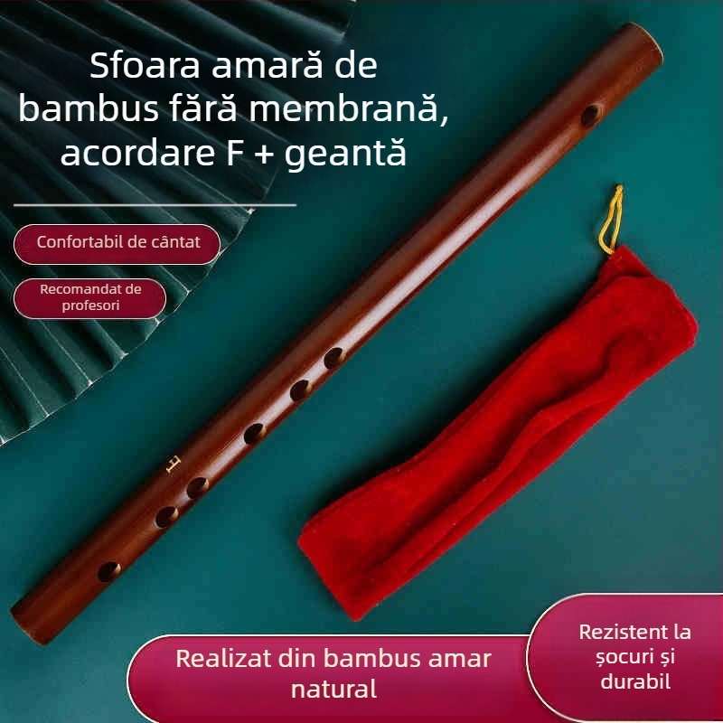 Flaută piccolo, corp din bambus, modelul 200, pentru începători, include husă din flanelă.