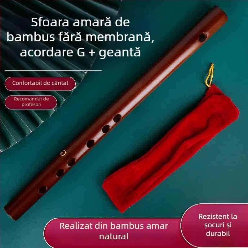 Flaută piccolo, corp din bambus, modelul 200, pentru începători, include husă din flanelă.