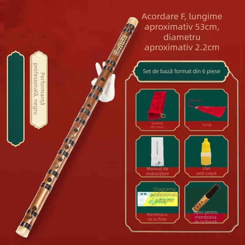 Flaută piccolo, corp din bambus, modelul 200, pentru începători, include husă din flanelă.