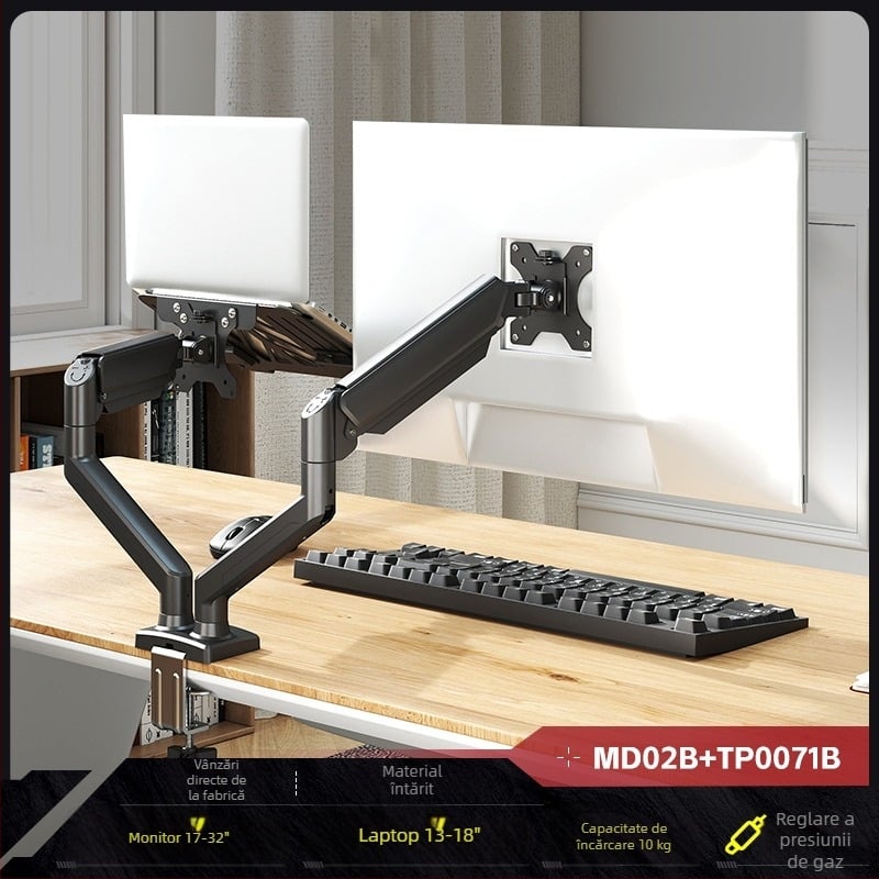 Stand combinat pentru laptop și monitor cu ecrane duale și tavă suspendată — bază de ridicare 2 în 1, oțel laminat la rece, model Tp0071