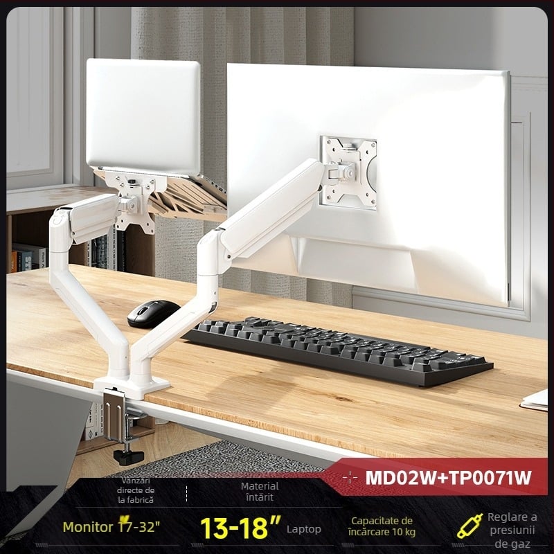 Stand combinat pentru laptop și monitor cu ecrane duale și tavă suspendată — bază de ridicare 2 în 1, oțel laminat la rece, model Tp0071