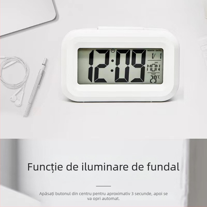 Ceas mic LCD pentru birou, calendar perpetuu, afișaj al zilei săptămânii și iluminare în întuneric
