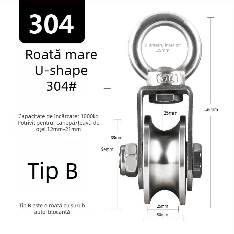 Rolă fixă din oțel inoxidabil 304, cu rulment pentru scriplă de cablu – simplă, cu sarcină înaltă