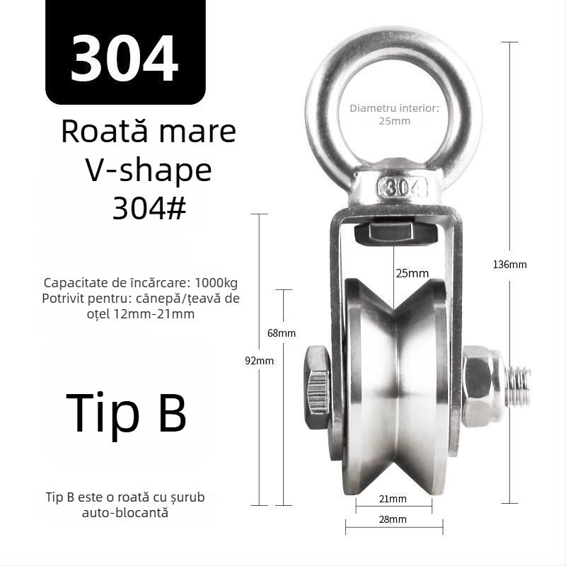 Rolă fixă din oțel inoxidabil 304, cu rulment pentru scriplă de cablu – simplă, cu sarcină înaltă