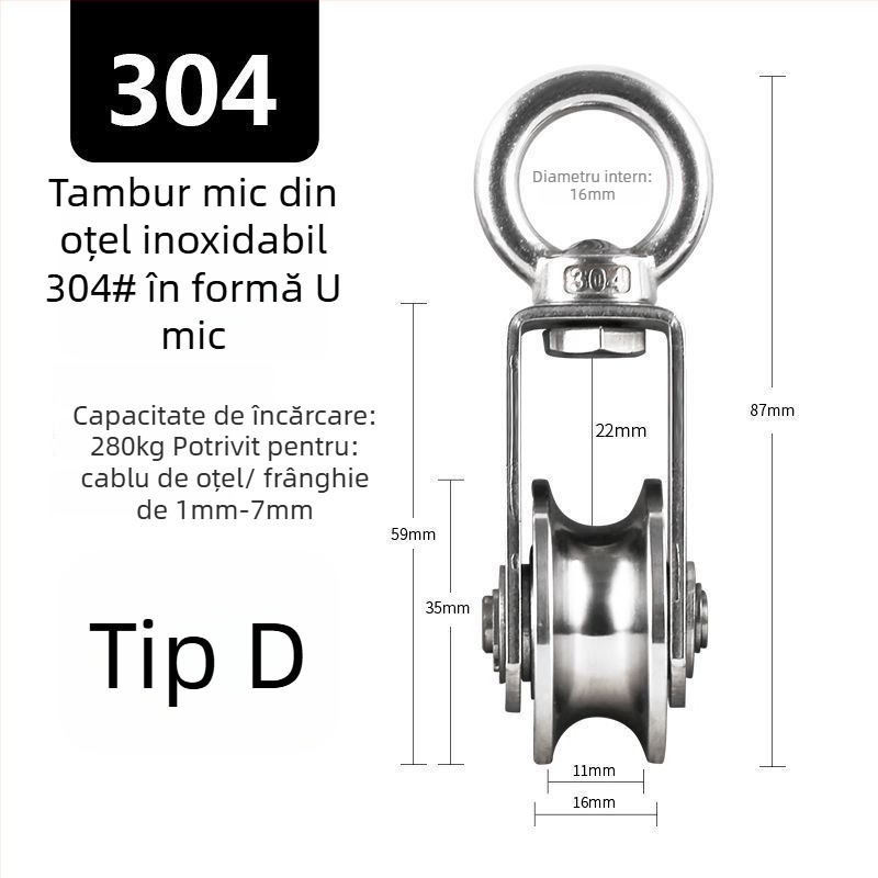 Rolă fixă din oțel inoxidabil 304, cu rulment pentru scriplă de cablu – simplă, cu sarcină înaltă