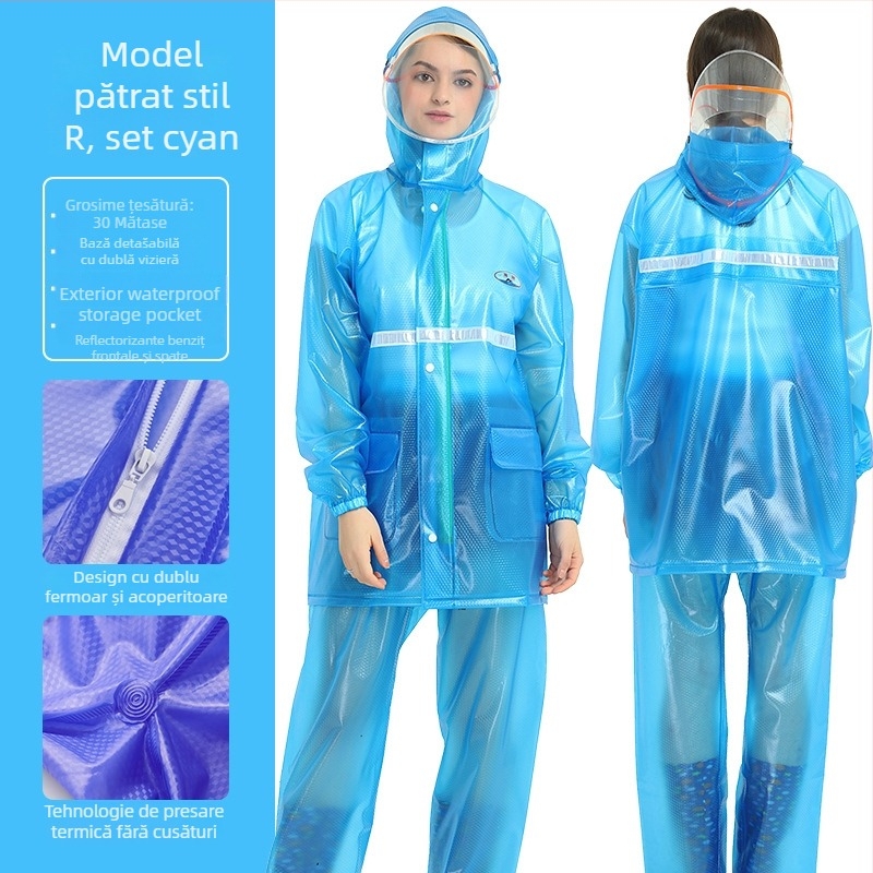 Pelerină impermeabilă split pentru adulți Haixiang, țesătură PVC, transparentă cu benzi reflectorizante, logo personalizat