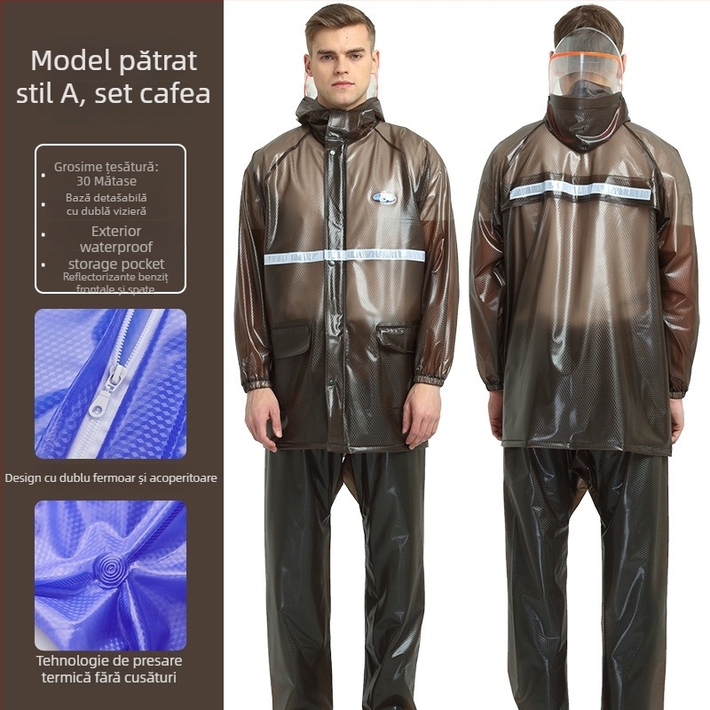 Pelerină impermeabilă split pentru adulți Haixiang, țesătură PVC, transparentă cu benzi reflectorizante, logo personalizat