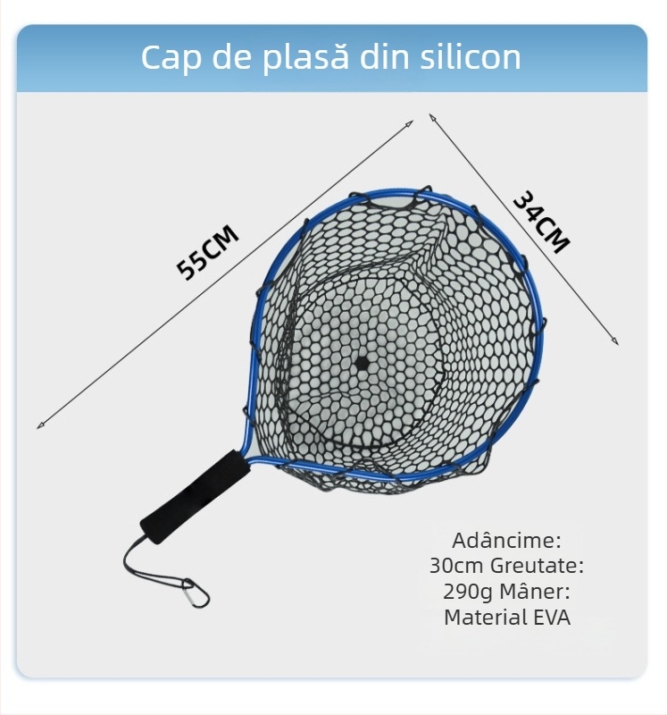 Plasă portabilă de pescuit din silicon cu mâner scurt pentru pescuit în pârâu; mini plasă de mână cu cadru din aliaj de aluminiu; diametrul deschiderii plasei 55 mm; ochiuri groase; nu se poate plia.